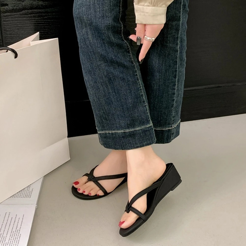 2026 New Summer Women Wedges Heel Slippers  Height Increase Slide Ladies Concise Vacation Dress Clip Toe Flip Flop