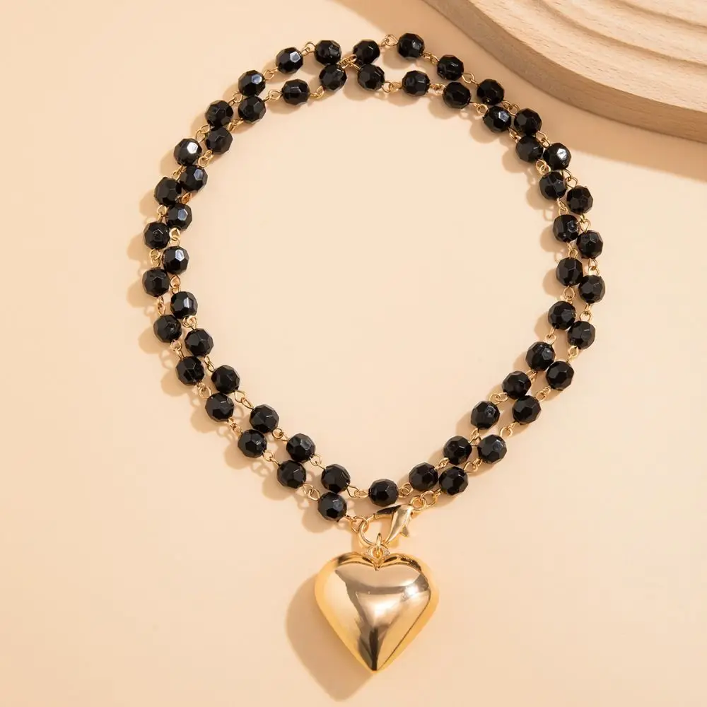 Trendy Black Beads Necklace Vintage Eelegant Big Love Heart Pendant Choker Superimposition Sweet Cool