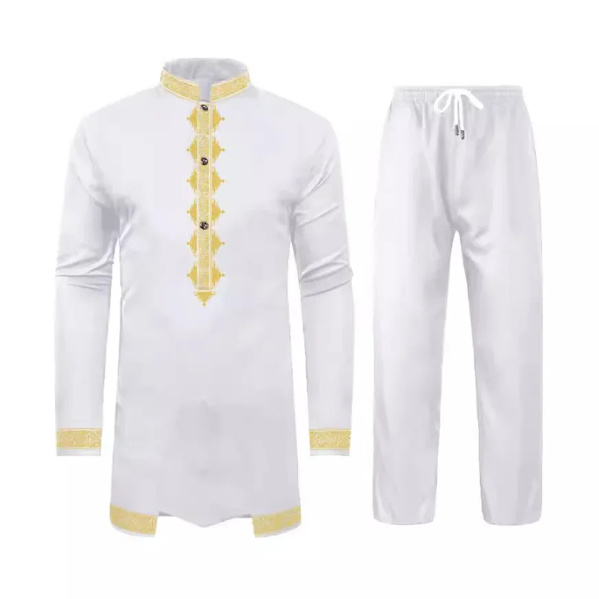 Nuevo traje blanco y negro para hombre, traje bordado de manga larga de estilo étnico africano, ropa tradicional para hombre, traje de lujo de 2 piezas