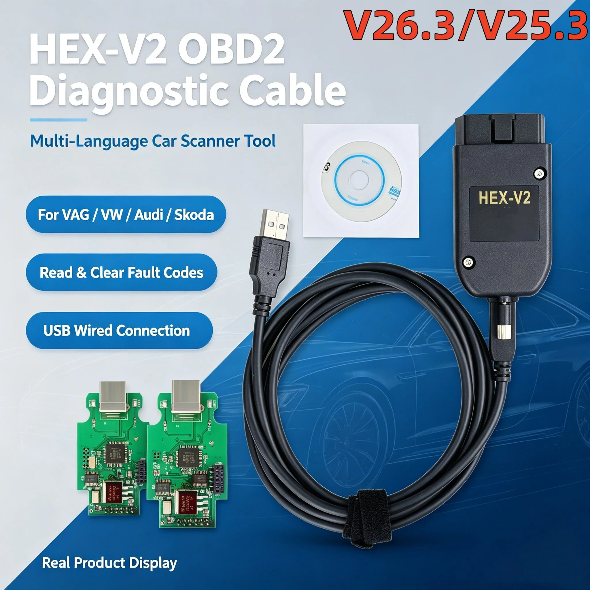 HEX‑V2 OBD2 Diagnostic Cable USB Interface, Software V26.3 English Version, Car Fault Code Scanner for V‑AG Group Vehicles