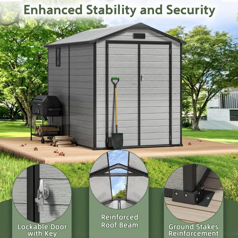 سقيفة تخزين خارجية بلاستيكية مقاس 6 × 8 أقدام، سقيفة أدوات باب مزدوج مع سقف وفتحة شفافة، باب قابل للقفل مع #4