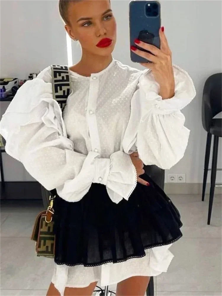 Ruffled Patchwork Fashion Mini Dress Women High Waist Shirts Elegant Party Looks 2 Piece-Set Mini Dress Women White Dress