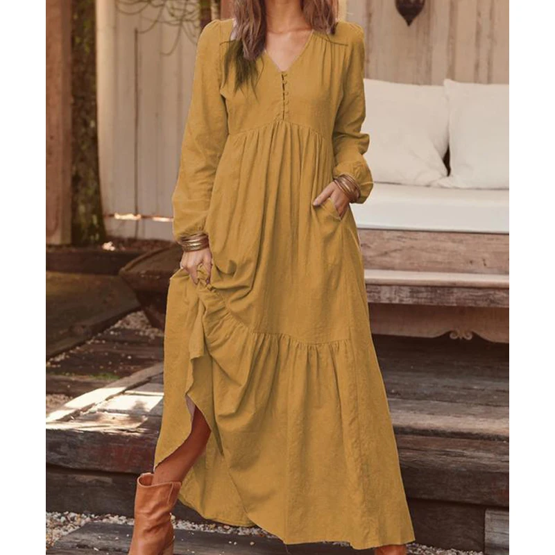 Vestido maxi feminino com decote em V manga comprida em camadas linha A primavera outono vestido longo de cor sólida com decoração de botões