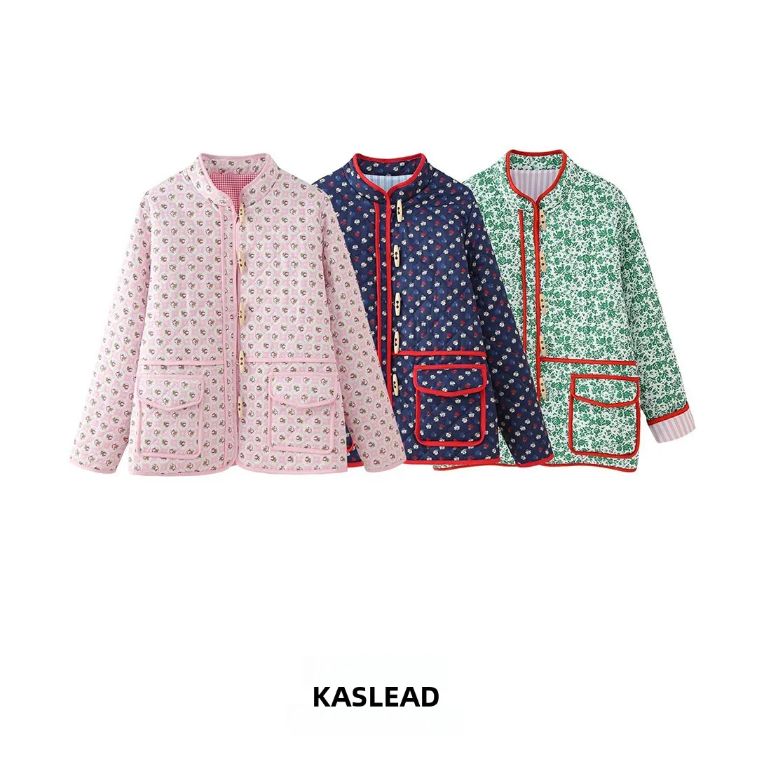 KASLEAD New Women's High-End Slim Fit Floral Patchwork Cotton Jacket Coat Floral Print Stand Collar Single Button Closure