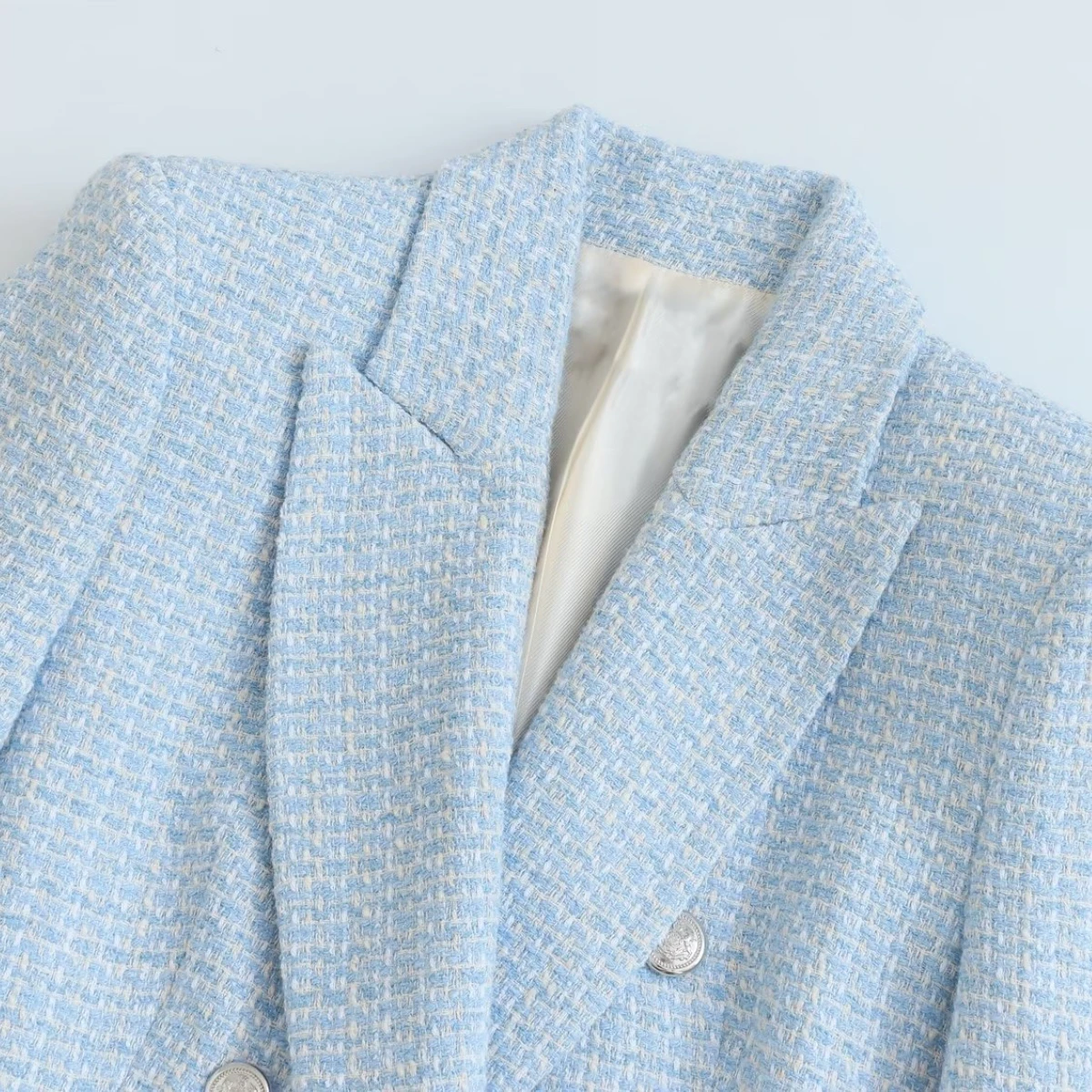 Blauwe Geruite Formele Jassen Voor Dames Double-Breasted Mode Blazers Herfst Slanke Tweed Pak Jas Kantoor Dame Elegante Overjas 2025