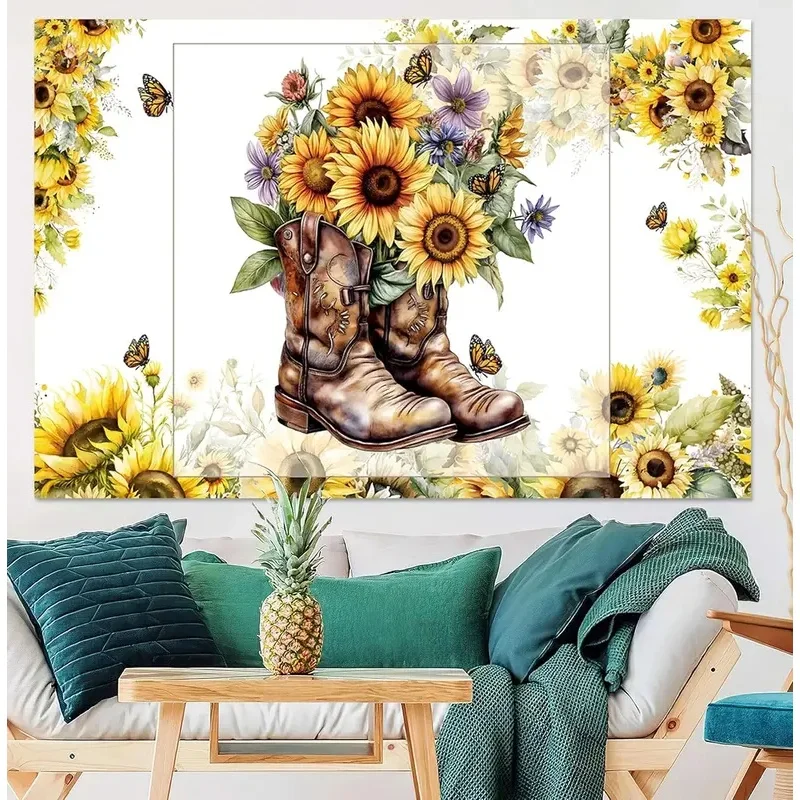VIKAMA Western Cowboy Boots Tapestry Sunflower Butterfly Floral Wall Hanging Retro Country Style Art Tapestry for Bedroom Living