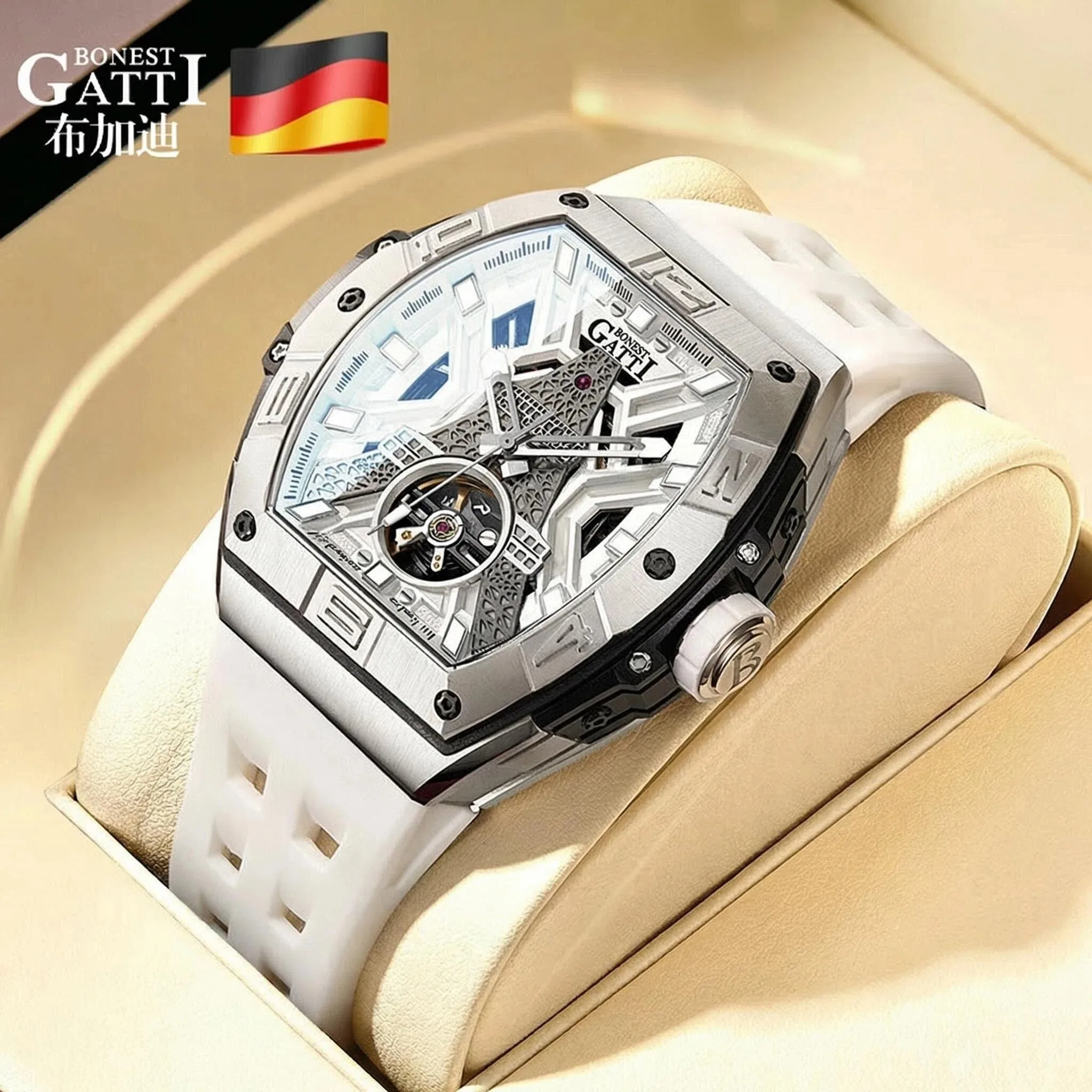 

BONEST GATTI Men's Luxury Automatic Mechanical Watch Waterproof with Rubber Strap Eiffel Tower Dial Elegant Wristwatch