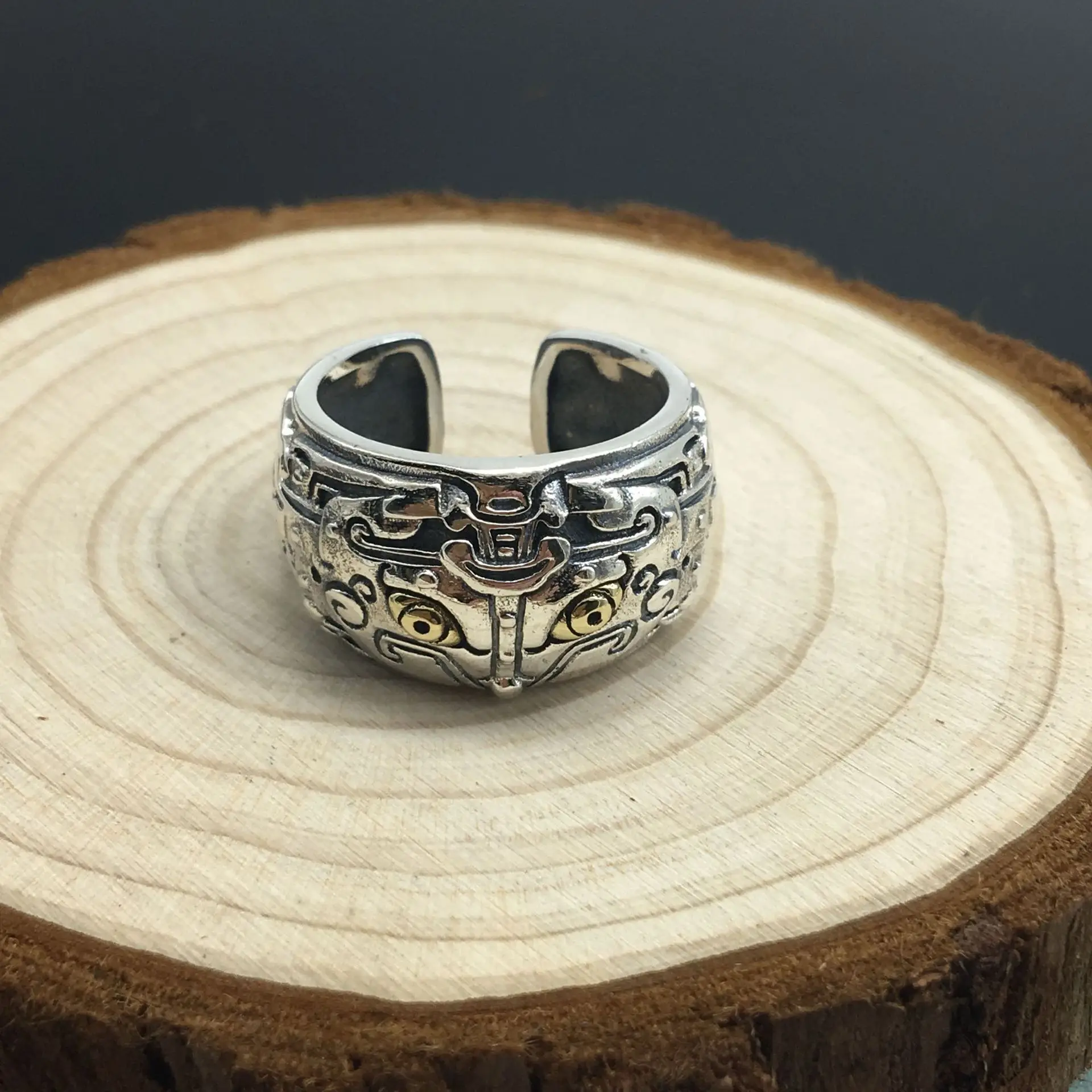 s925 sterling silver fashion ornament vintage Thai silver God Beast gluttonous open ring personality trendy men's index finger