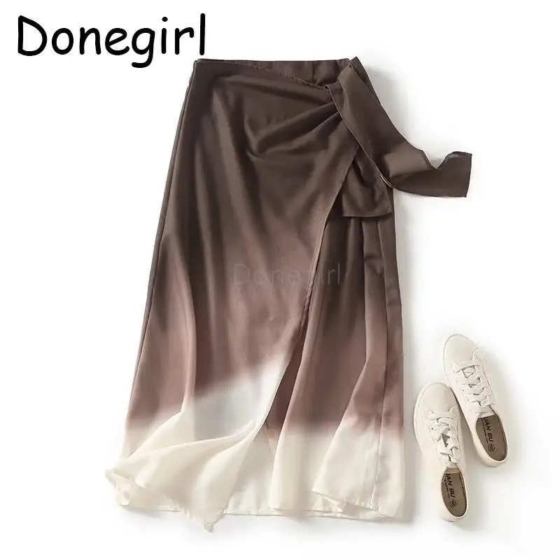 Donegirl 2023 New Spring Summer Linen Gradient Color Tie-dye Print Women Skirt Simple Casual Versatile Midi Skirt Female Chic