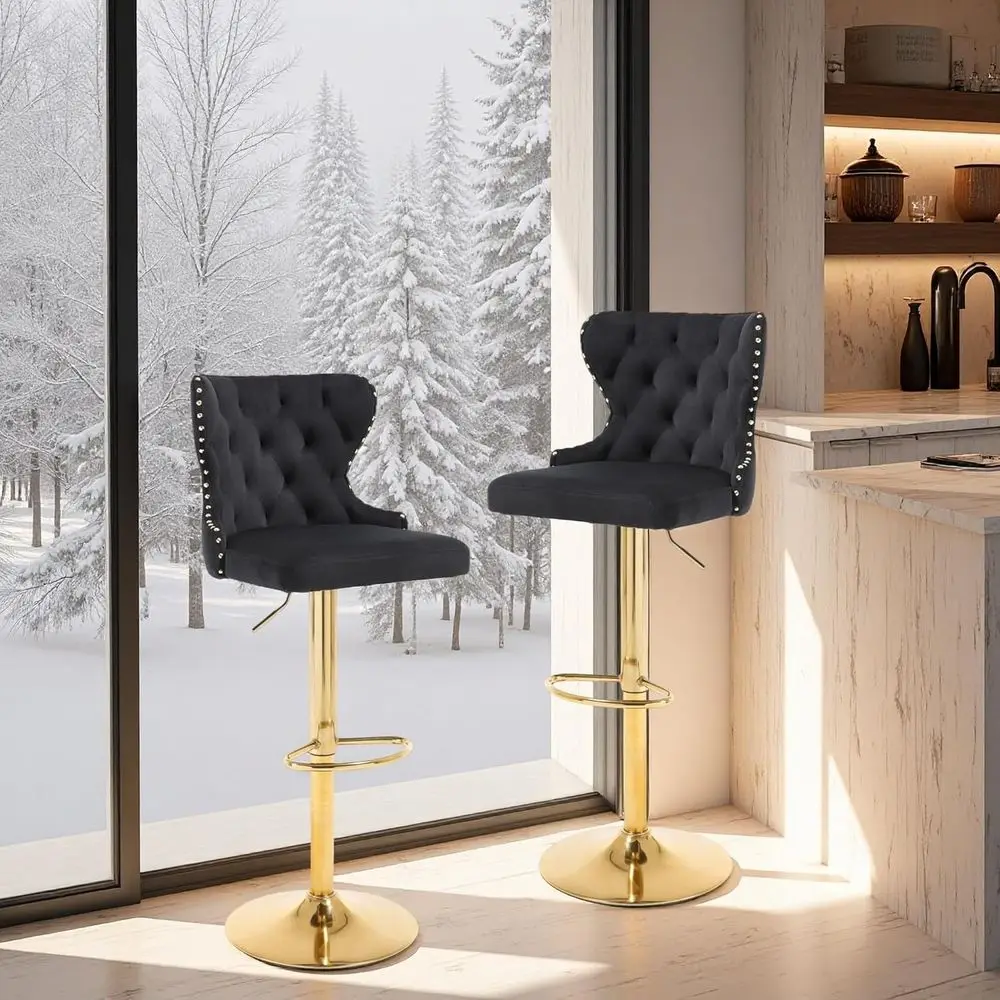 Пара вращающихся барных стульев с бархатным покрытием, золотыми ножками, отделкой в виде гвоздя и подставкой для ног для кухонного острова, домашнего бара, столовой,