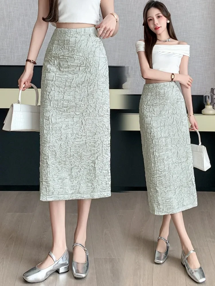 

Chic Bright Folds Spring Summer Women Skirts High Waist Back Split Ladies Wrap Hips Midi Skirts Casual Female Streetwear Bottoms