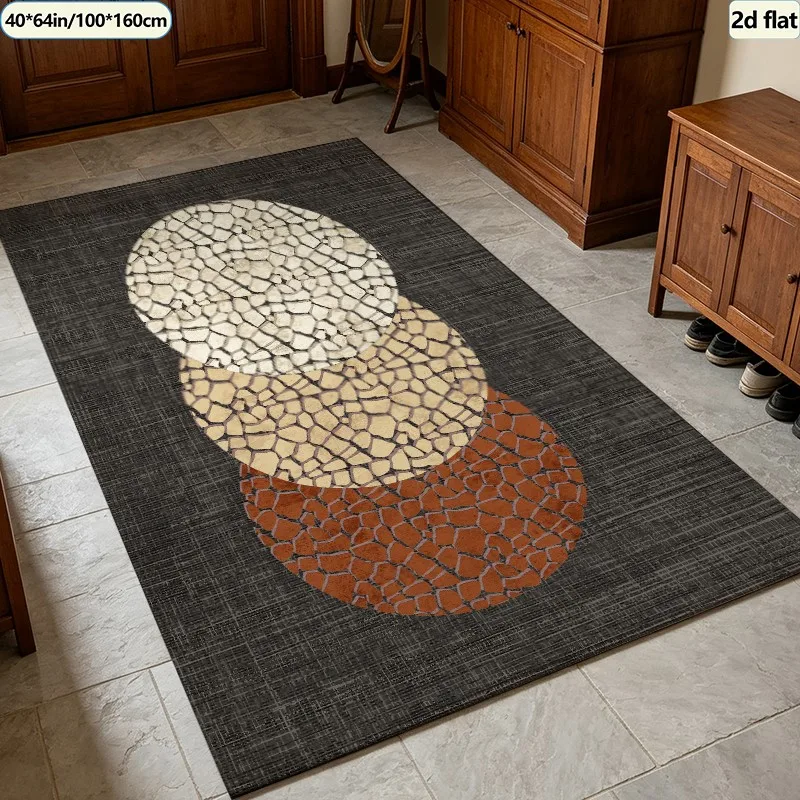 Retro Cracked Circle Art Carpet Flooring, Vintage Overlapping Round Textured Area Rug Anti‑Slip Floor Mat for Study Room Living Room Home Decoration