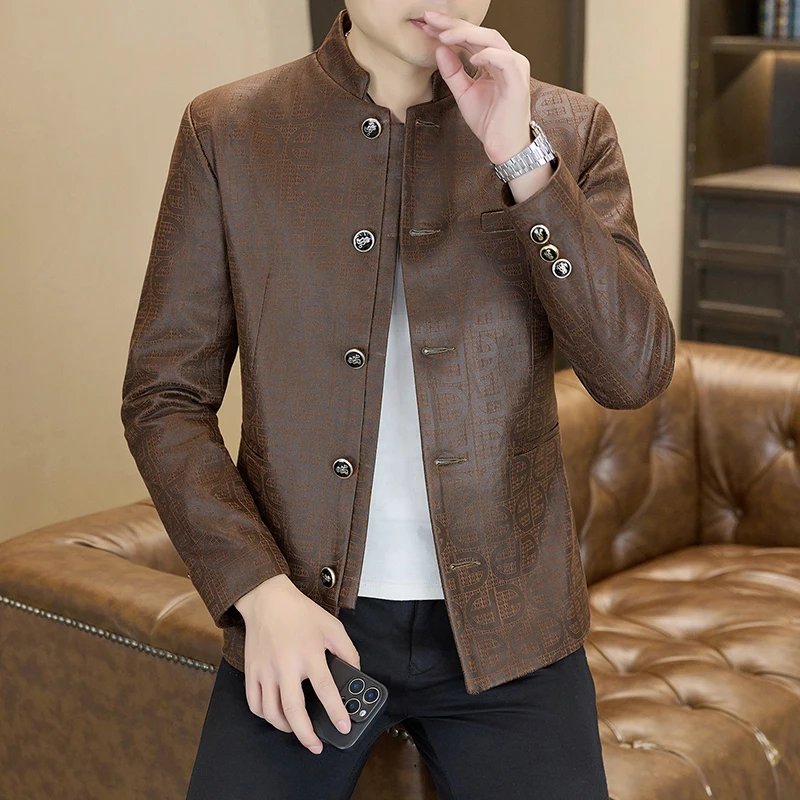Blazer Men's Fashion Letter-Printed Formal Casual Host Gentleman Trendy Banquet Business Standing Collar Zhongshan Suit Blazer