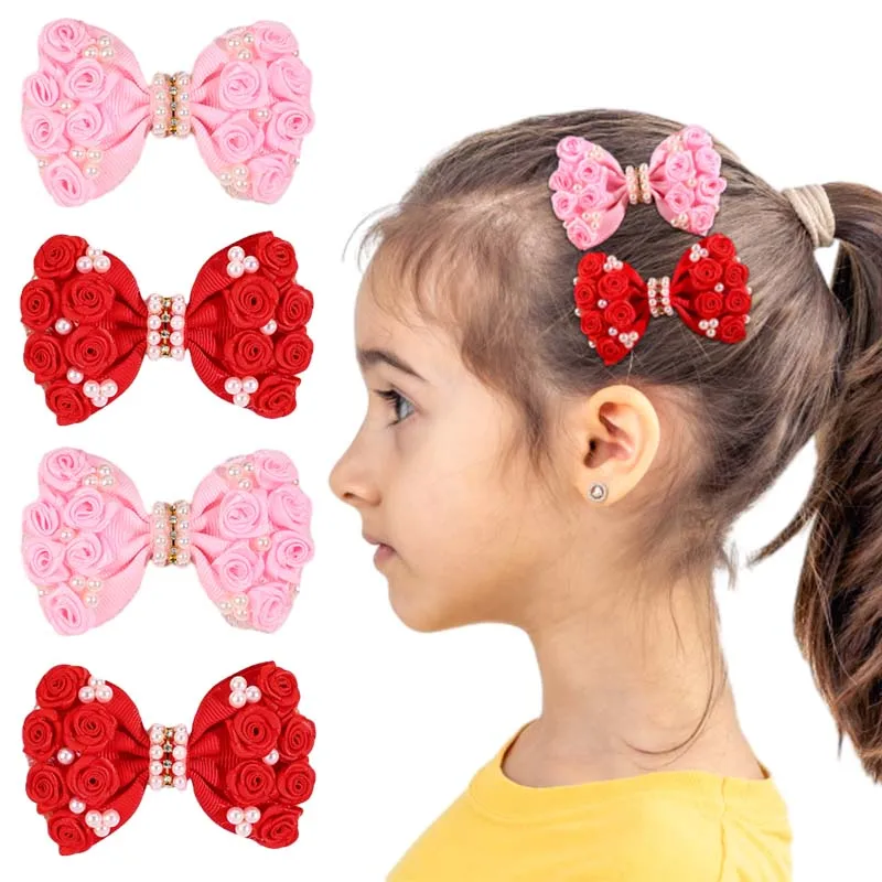 ncmama Pink Red Rose Flower Hairpins for Women Girls Elegant Pearl Bow Hair Clip Barrettes Headwear Boutique Hair Accessories