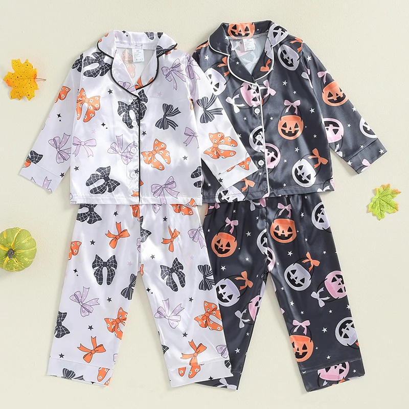 2024-06-13 Lioraitiin 1-7Y Kids Girls Halloween Pajama Sets Long Sleeve Lapel Pumpkin/Bow Print Shirt Pants Sleepwear