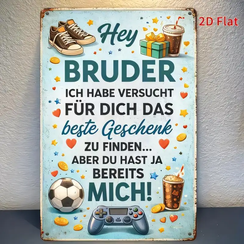 2D Flat Vintage Hey Bruder Metal Tin Sign - Retro Soccer/Gamepad Design, Blue Iron Wall Art for Brother's Room, Birthday Gift &