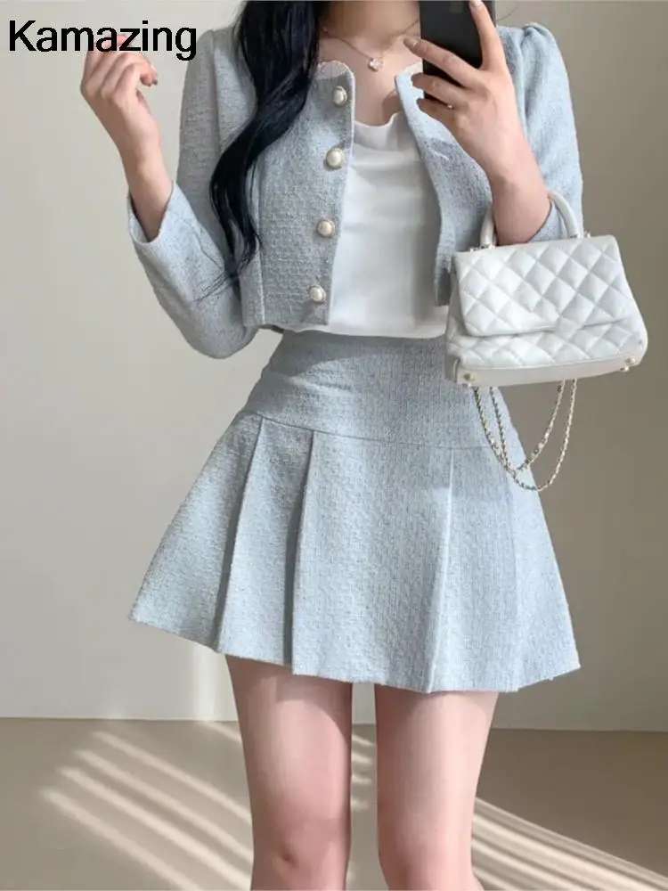 Korean Fashion Elegant Tweed Short Jacket Cropped Coats + High Waist Mini Skirts Suits Autumn New Slim Women Two-Piece Sets