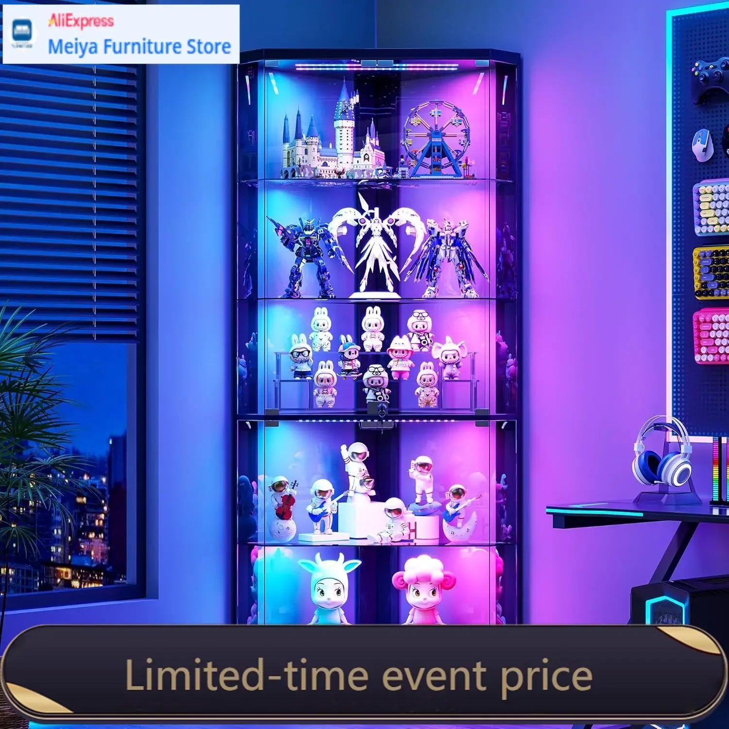 Black 69 Inch Tall 5 Tier Lockable RGB Lighted Corner Display Curio Shelf for Collectibles Living Room Storage Bookcase