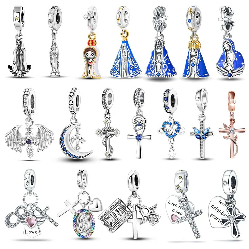 

925 Silver Virgin of Guadalupe Motif Dangle Cross Pendant Beads Charm for Women Fit Original Pandora Charms Bracelet DIY Jewelry