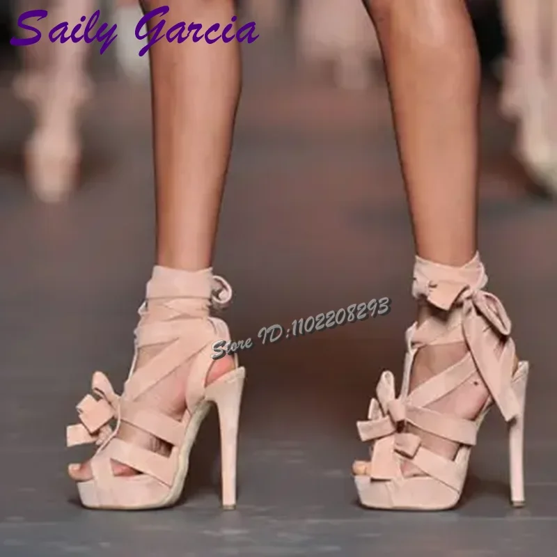 Suede Multi Bow Platform High Heel Sandals Peep Toe Ankle Wrap Strappy Stiletto Heels 2026 Summer New Women Lace-up Dress Shoes