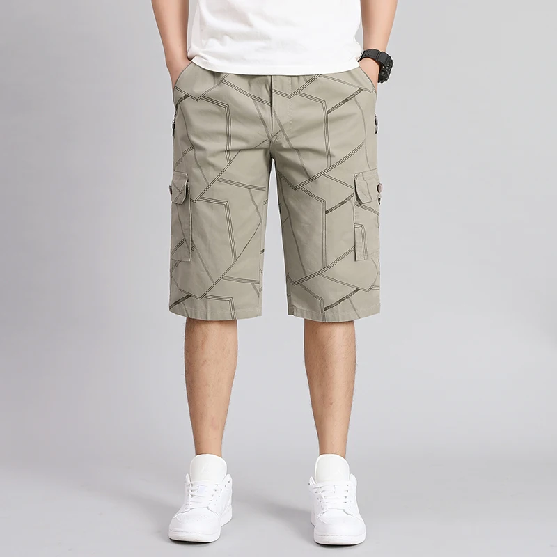 Summer Thin Stylish Printed Casual Shorts Beach Style Loose All-match Men\'s Clothing Pockets Spliced Commute Zipper Knee Pants