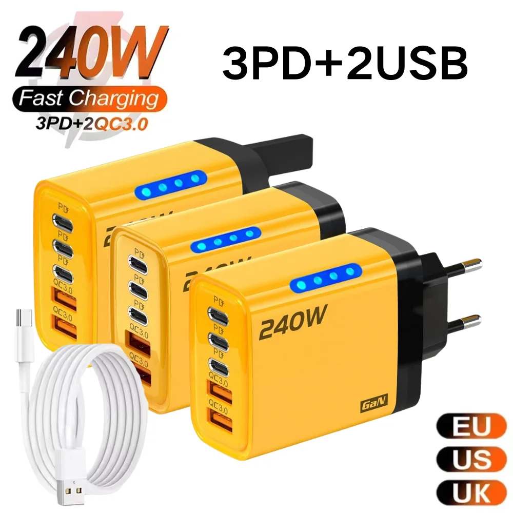 USB GaN Charger PD 240W Type C Fast Charging Charger For iPhone Samsung Huawei Xiaomi Oneplus Quick Charge Multi Ports Adapter
