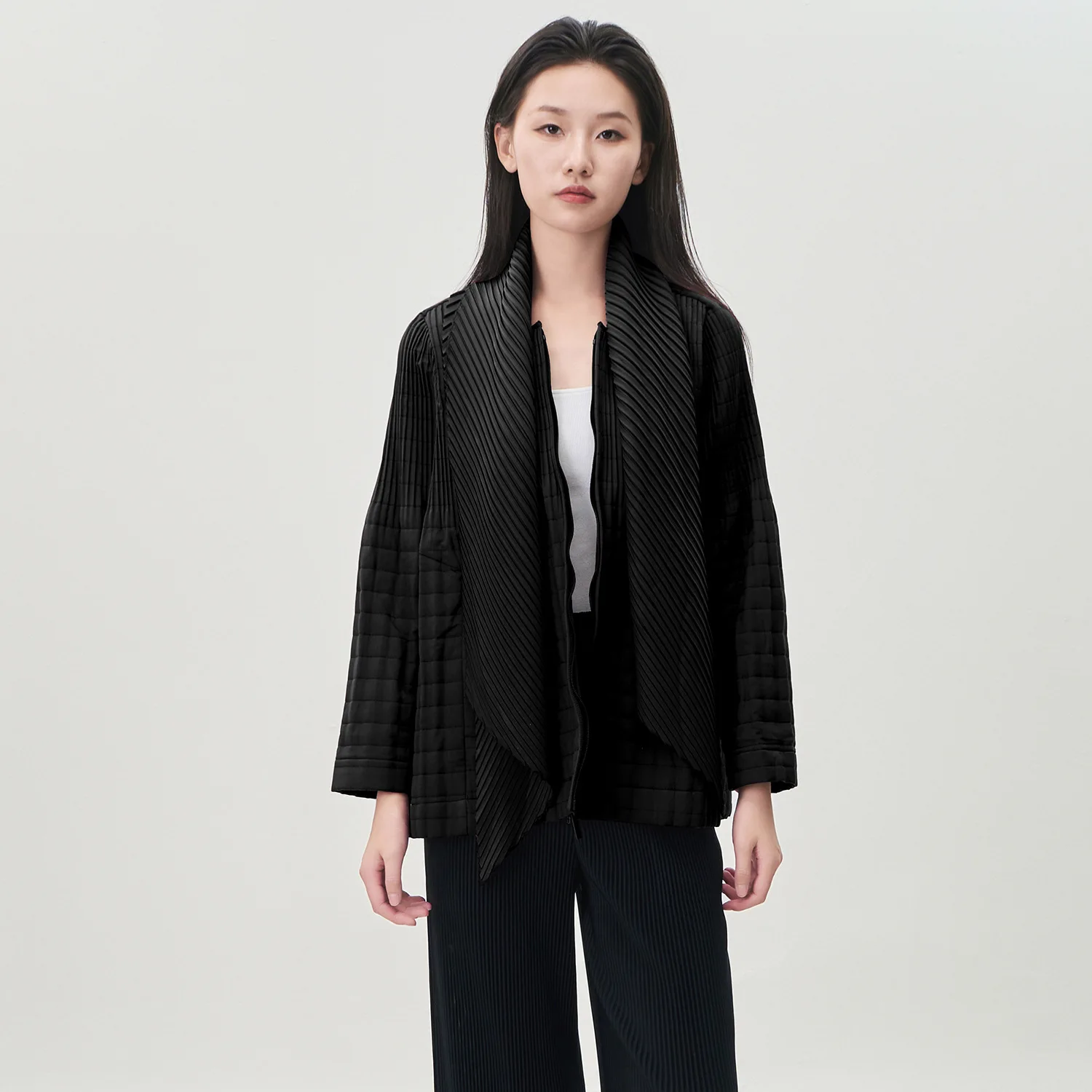 

Miyake плиссированная зимняя хлопковая куртка женский шарф на молнии свободная толстая теплая высококачественная универсальная хлопковая куртка из плиссированного слоя