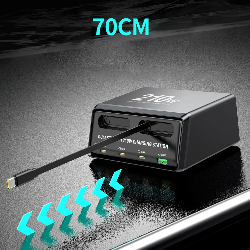 6-in-1 Car Multiple Devices Charging 210W USB-C Cable Power Hub Fast Charger Station with Retractable for iPhone Samsung Tablet