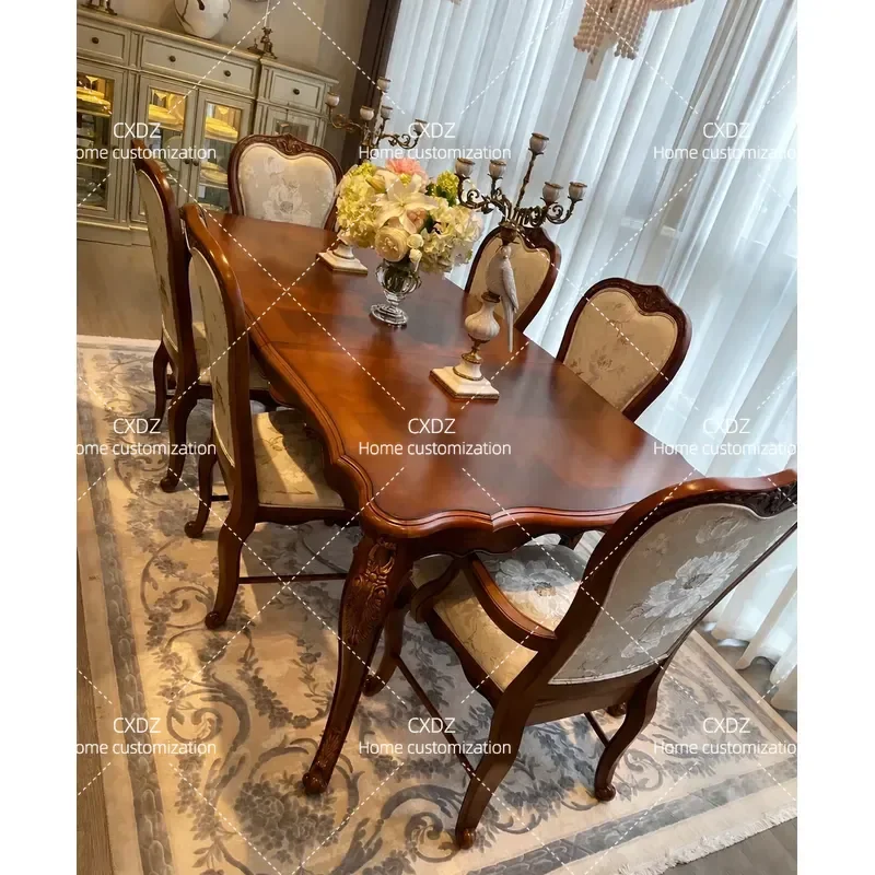 Adjustable Rectangular Solid Wood Dining Table Set with 6 Chairs Simple Rural Style High End Furniture for Dining Room