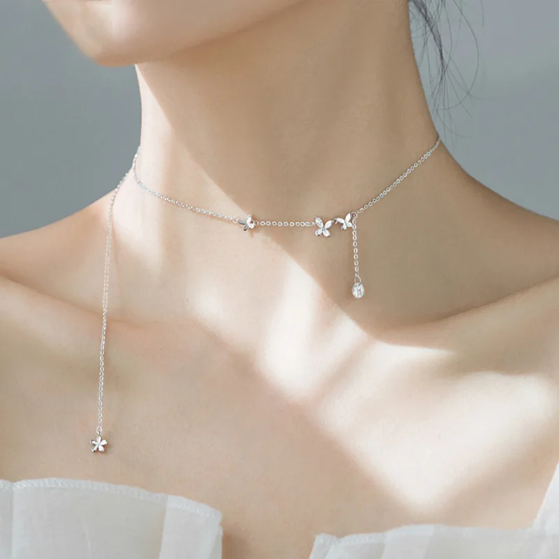 925 Sterling Silver Butterfly Pendant Necklace for Women • Minimalist Clavicle Chain • O-Link Design • Electroplated Finish • De