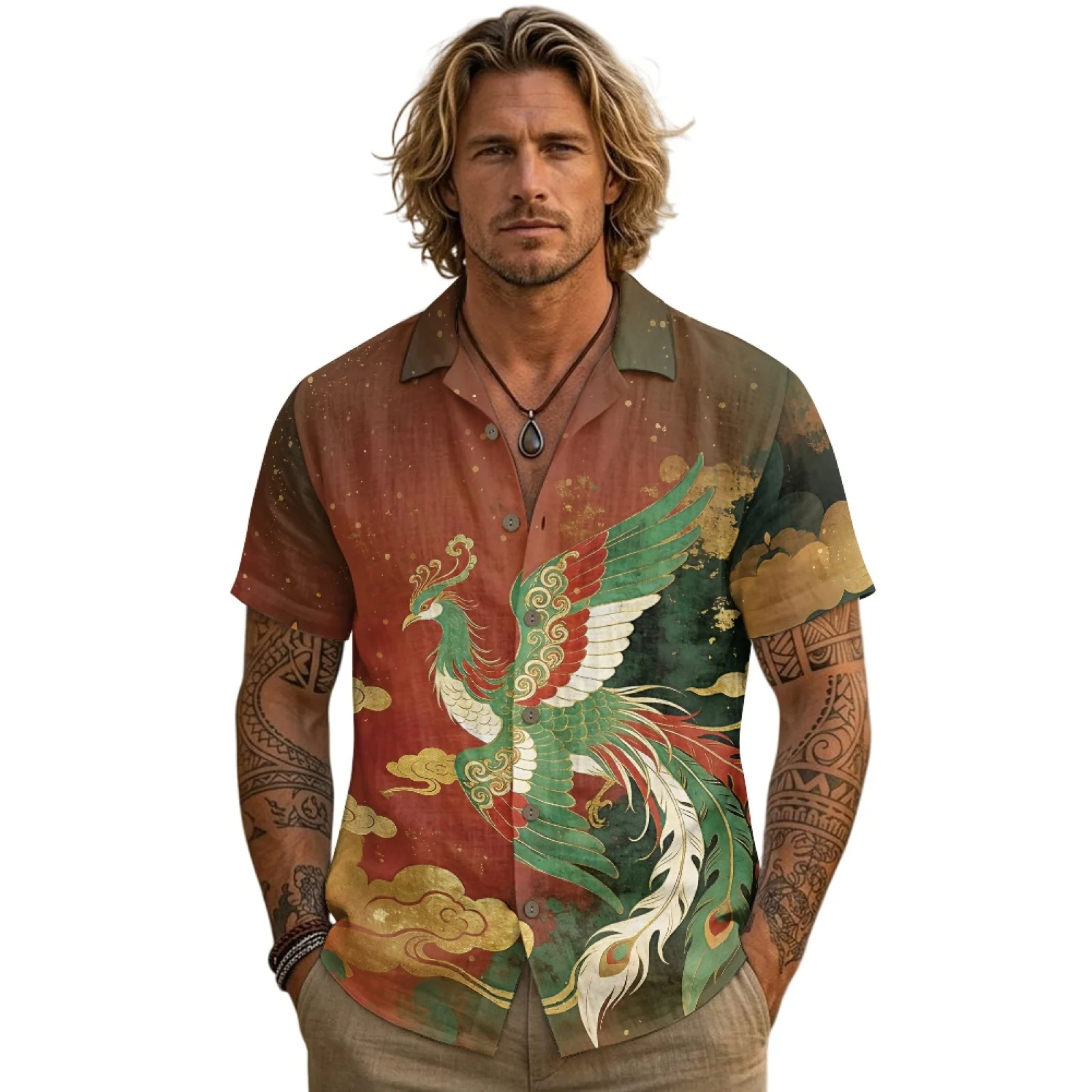 PENSTROLL Green Phoenix Pattern Linen Like Hawaiian Shirt Button Down Hawaiian T Shirts for Men for Male S-3XL
