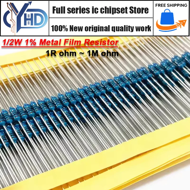 50 Uds 1/2W 0R-2.2M 1% resistencia de película metálica 0,5 W 0 2,2 10 100 120 150 220 270 330 470 1K 2,2K 4,7K 10K 100K 470K 1M ohm