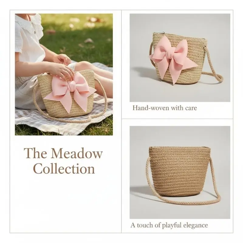 Bolso de hombro de paja tejido para niñas, adorable bolso cruzado mini hecho a mano con lazo decorativo para niños, playa, viajes, fiestas