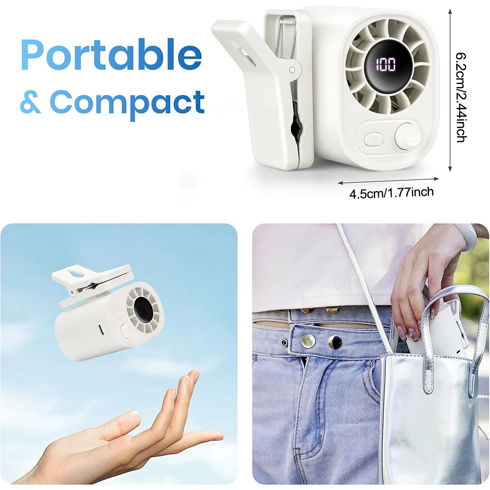 Mini Clip Fan, Rechargeable 1400mAh Personal Cooling Fan, 100-Level Adjustable Wind, 360° Rotatable, Clip-on Design for Umbrella