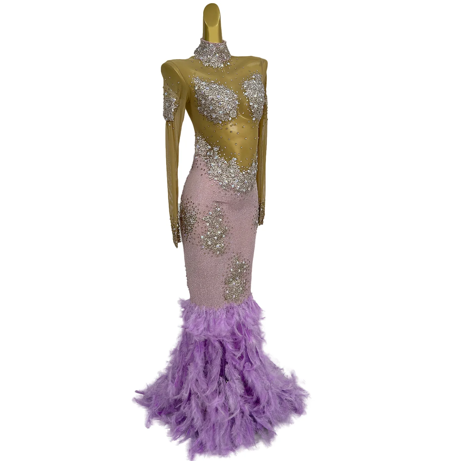 Elegancka Sukienka na Urodziny z Kryształkami i Cekinami, Syrenka, Długa Suknia Wieczorowa Damska z Piórami, Sukienka na Bal Maturalny, Sukienka Wieczorowa z Trenem