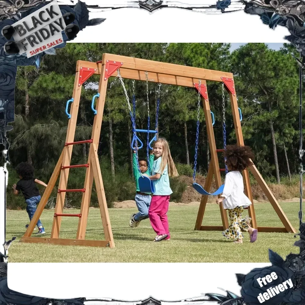 

Dolphin Playground Wood Swing Sets for Backyard with Monkey Bar, Kids Outdoor Play Equipment, Outdoor Playset for Kids