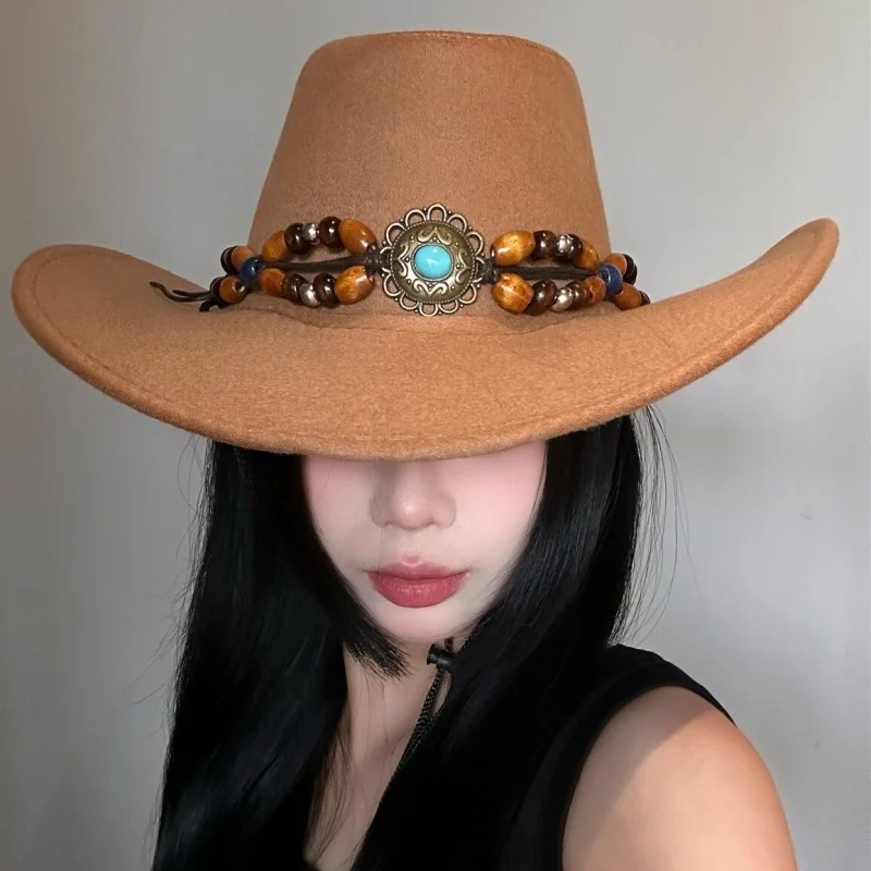 Retro turquoise decorated Western cowboy hat summer new large brimmed wide border sunshade hats for men and women