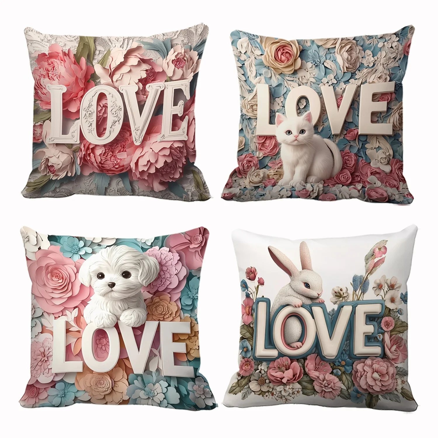 Cute Floral Love Throw Pillow Cover Set 4pcs 40x40cm Aesthetic Pet Cushion Decor Accent Pillowcase Home Decor