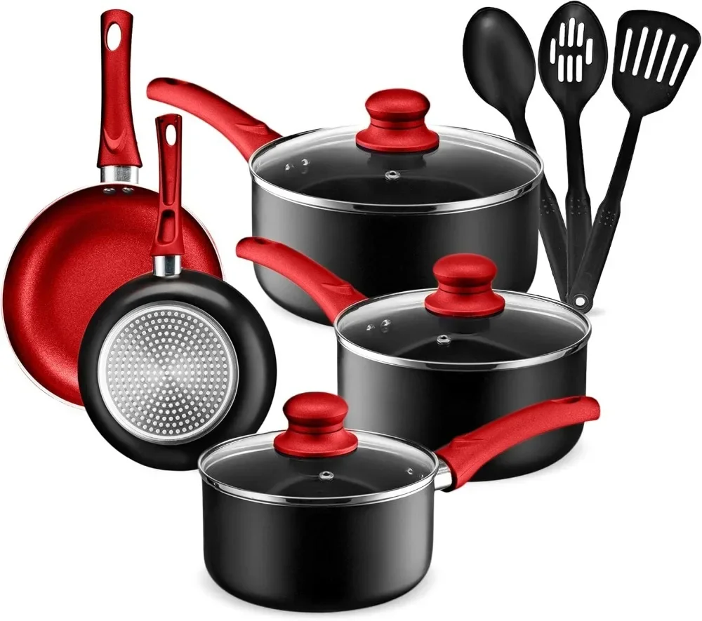 

Pots and Pans Set, Aluminum Nonstick Cookware Set, Fry Pans, Casserole with Lid, Sauce Pan, and Utensils, 11 Piece Cooking Set