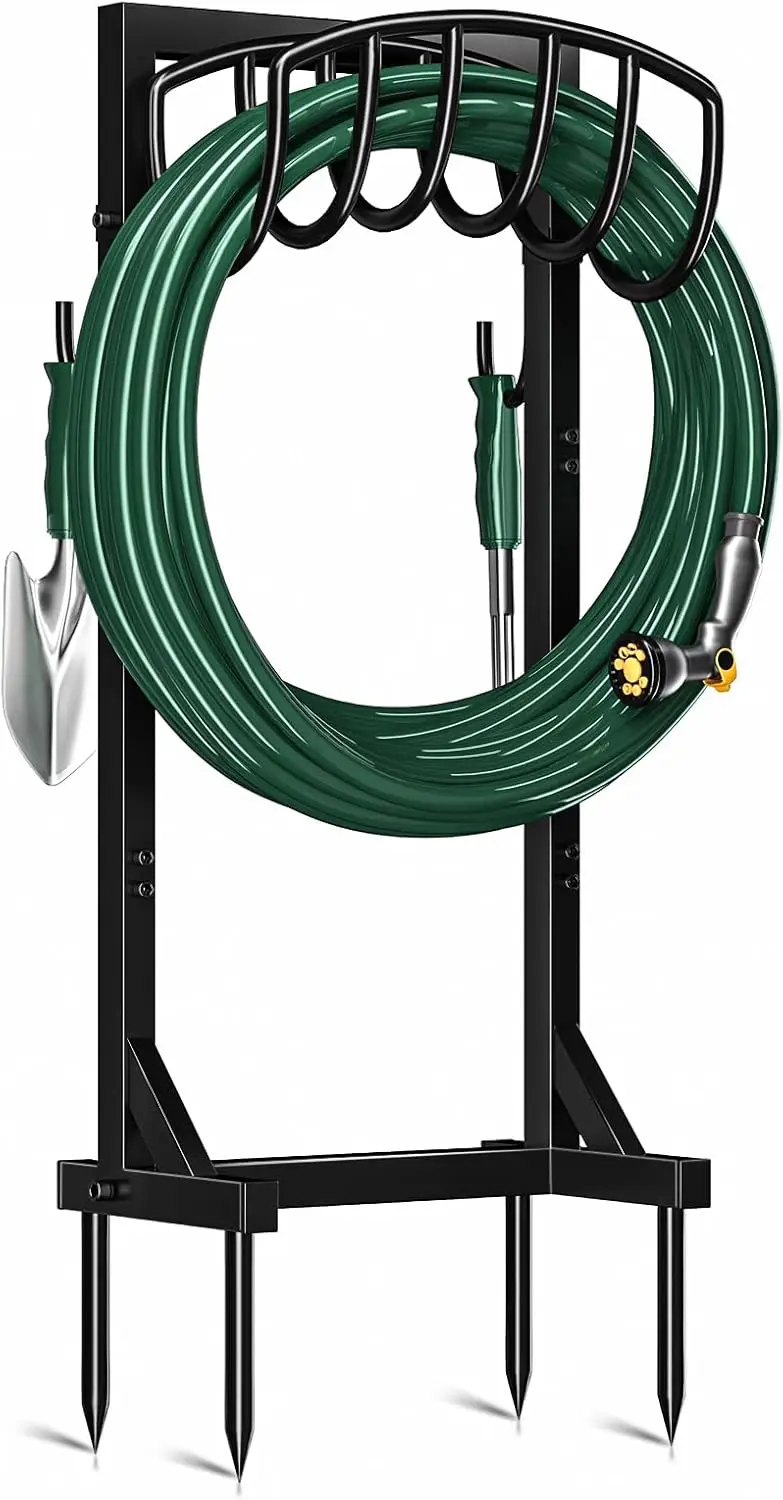 

Heavy Duty Garden Hose Holder Stand with 4 Spikes & 2 Hooks, Detachable Metal Freestanding Hose Reel for Lawn & Yard Storage