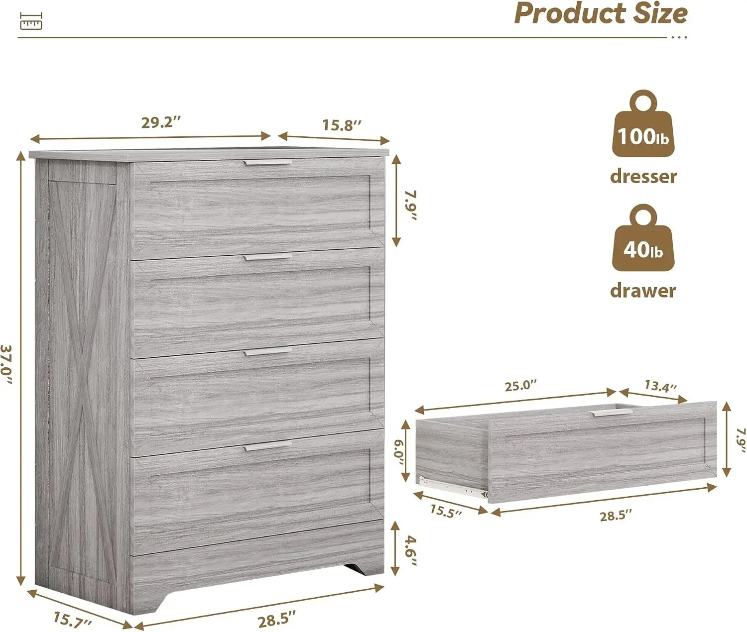 Farmhouse Dresser for Bedroom, 37’’ Tall Wood Chest of Drawers, Wash Grey | Bedroom Dressers with Drawers, Storage Cabinet with