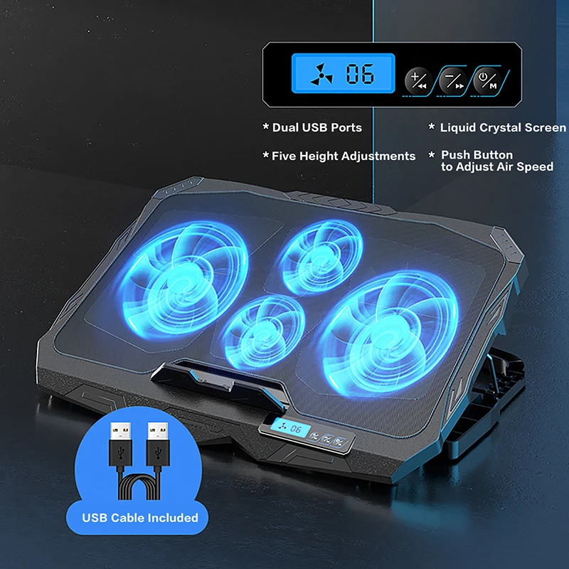 Laptop Cooling Stand 5 Height And 6 Wind Speed Adjustable For 17 Inch Notebook With 4 Fans Liquid Crystal Display And 2 USB Port