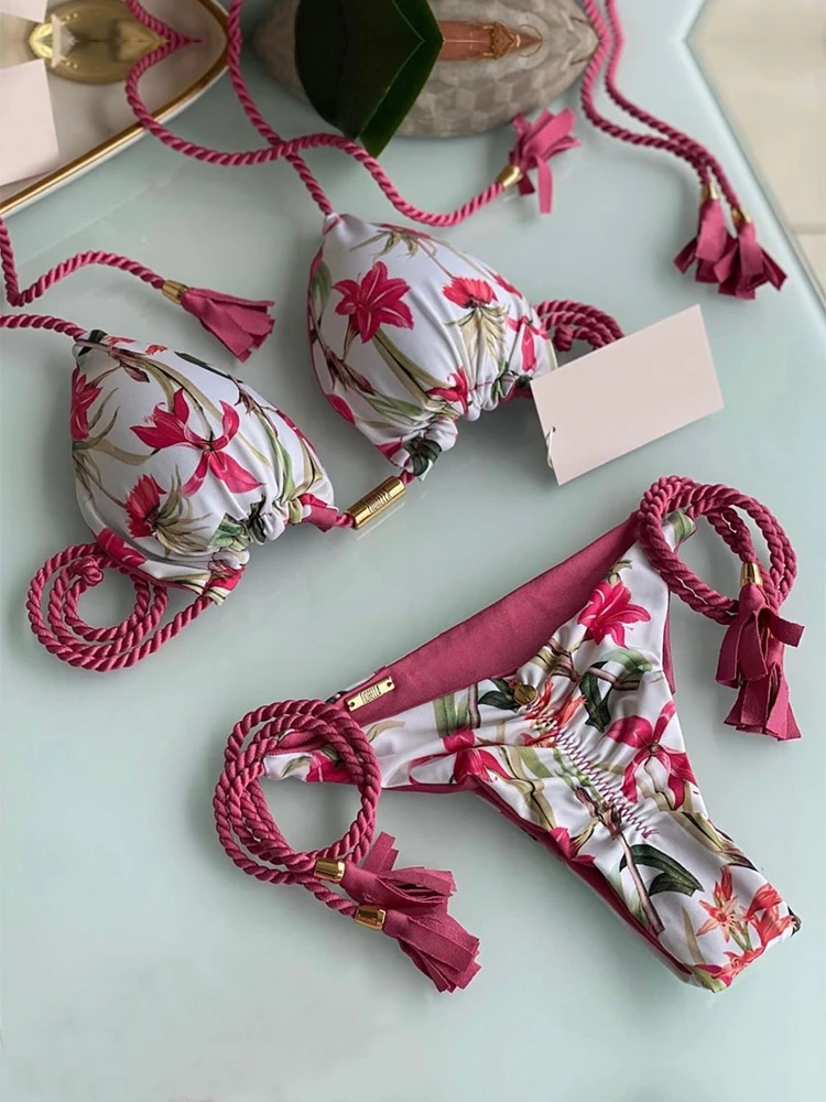 

Botanical-Print Braided Rope Bikini Set Swimsuit For Women Sexy Low Waist Two Pieces Beachwear 2022 Bathing Suit Swimwear New