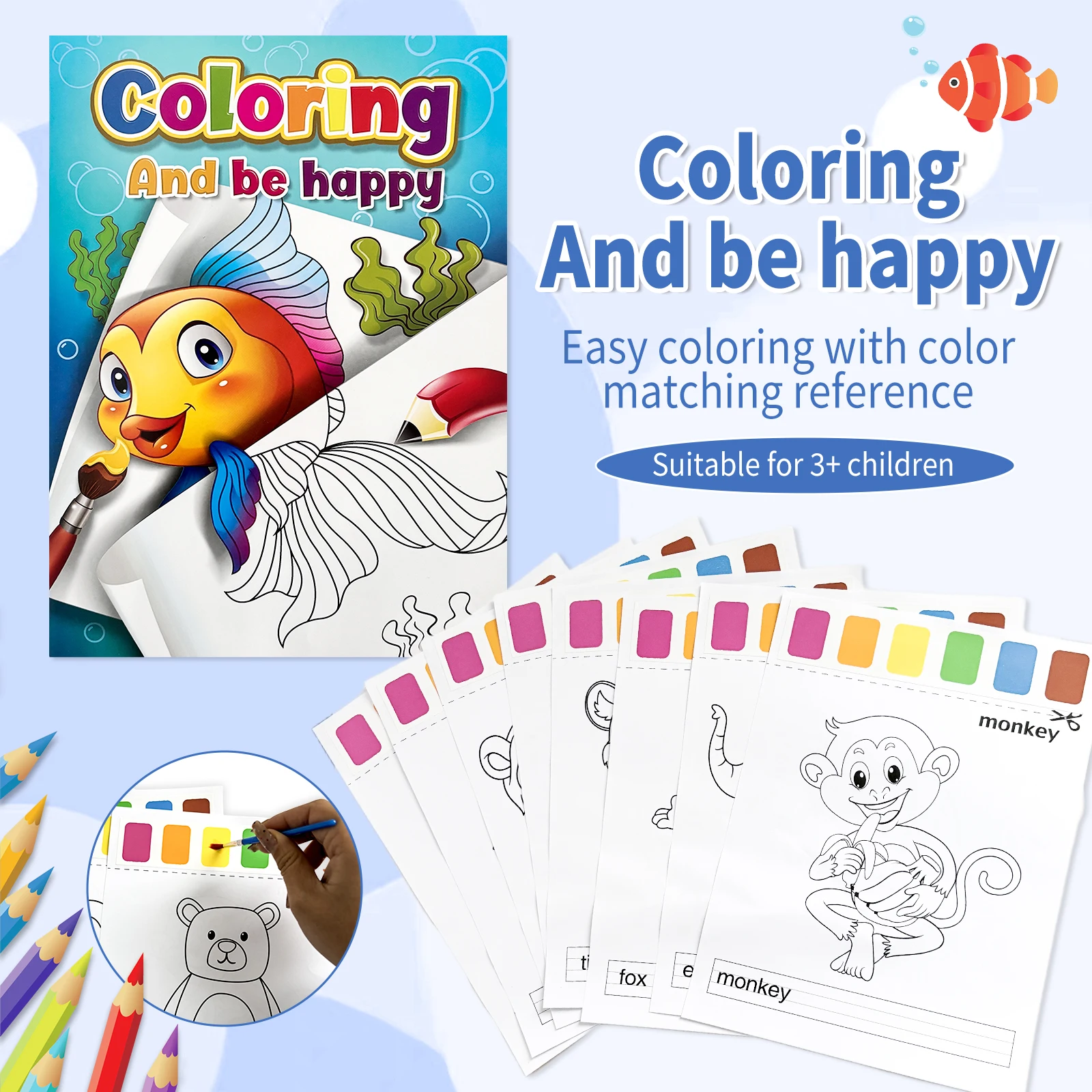 Kids Coloring Book Set - “Coloring And Be Happy” with Color Matching, Early Learning Toys for 3+