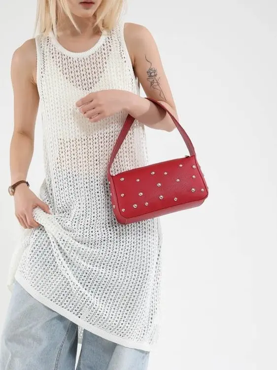 

2025 Korean Sle Ins Hollow out Rivet oulder Bag Versatile Design Motorcycle Sle New Arrival Universal Size PU Lea...