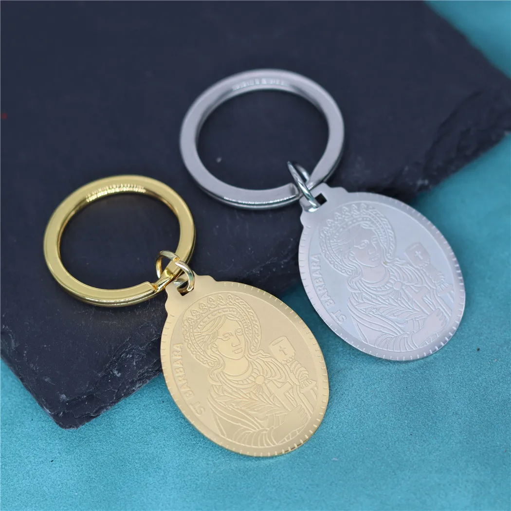 Saint Barbara Medallion Keychain For Men Women Stainless Steel Oval Pendant Key Chians Keyring Religion Jewelry Amulet Gift