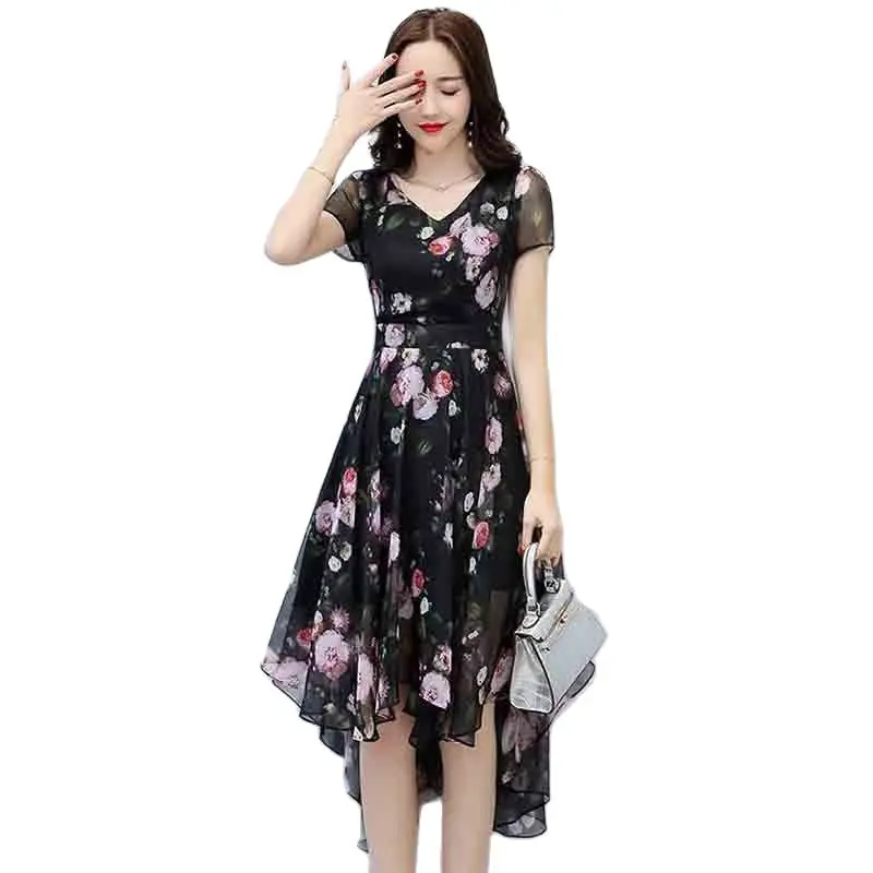 

Summer 2023 New Bow Fashion Dress Female Short Sleeve Korean Version Of Slim Print Chiffon Elegant Dovetail Skirt Female Tide.