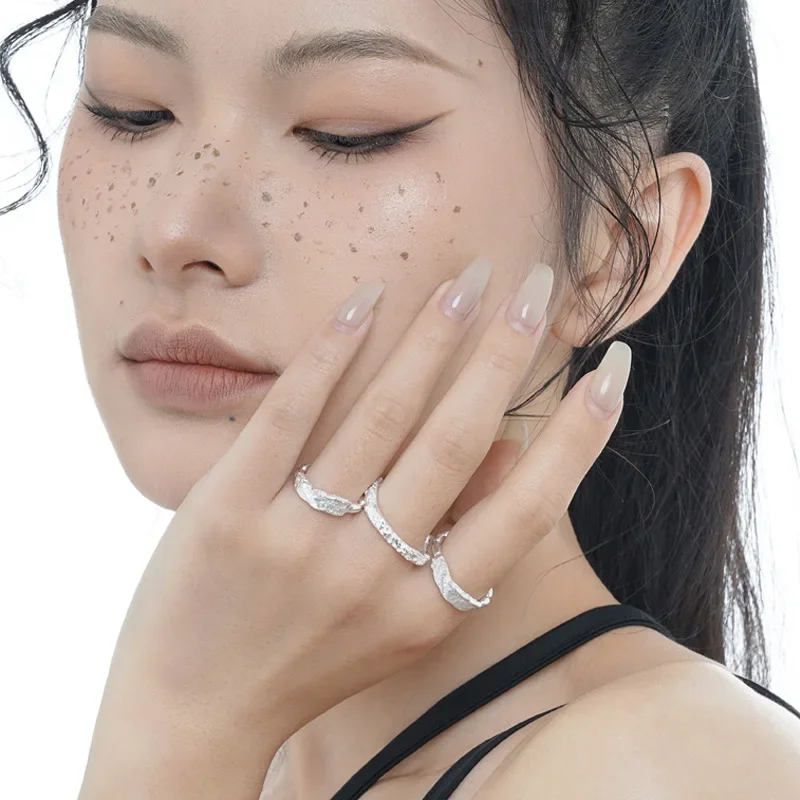 Ables Chic Alien Texture Narrow Solid 925 Silver Ring Matte Chunky Irregular Party Open Band Rings R1247