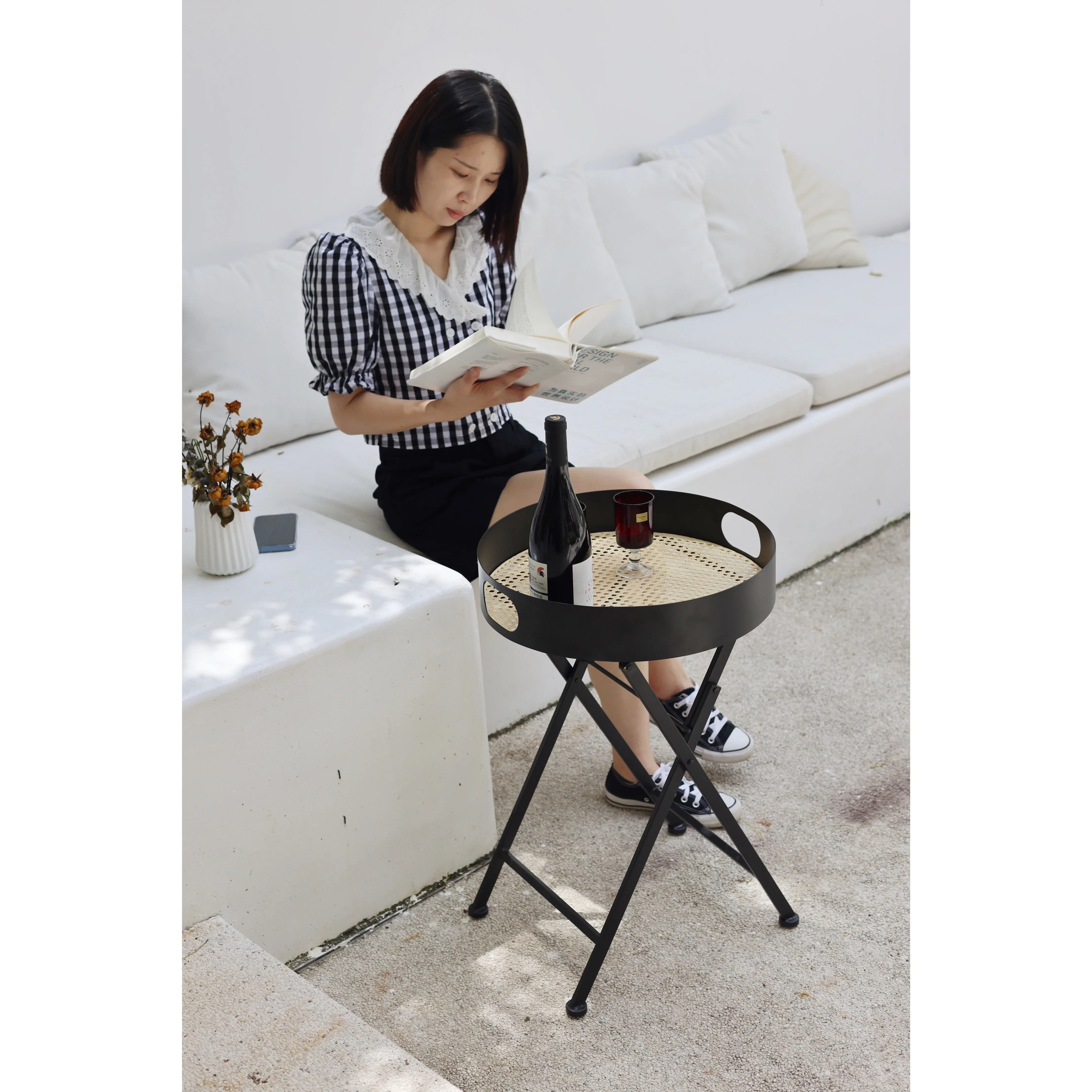 

Black Living Room Simple Nordic Modern Imitation Rattan Weaving Foldable Moving Circular Tables Sofa Side Table Coffee Tables