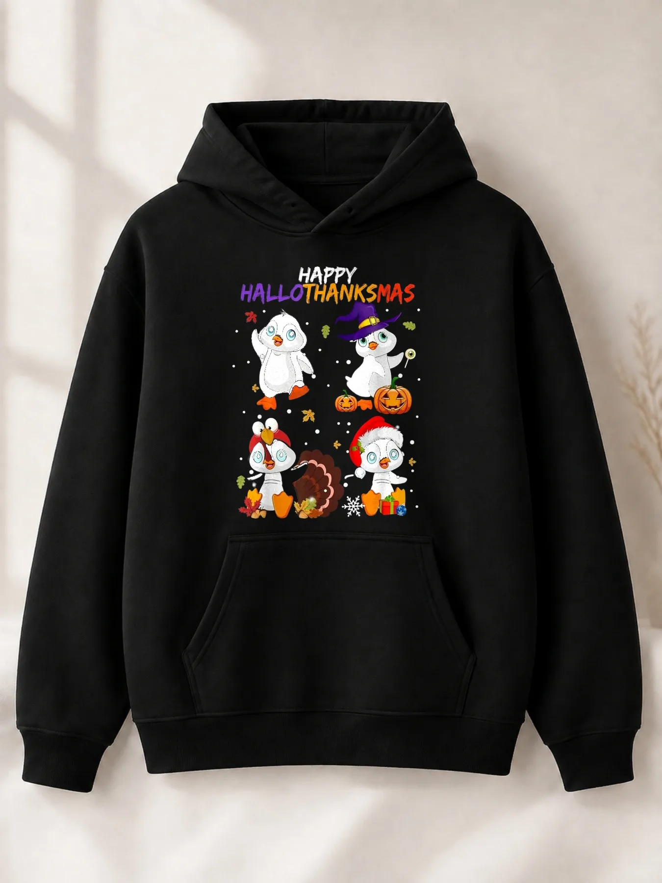 Cute Cartoon-Style Men's Hoodie with Happy Halloween, Thanksgiving, Christmas Penguin, Witch, Turkey, and Santa Claus Designs, Perfect for Autumn and Winter Holiday Seasons, a Great Gift for Friends and Family